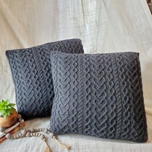 2 Pc ARAN MOR Ireland Throw Pillow 100% Softest Merino Wool- Charcoal Gray